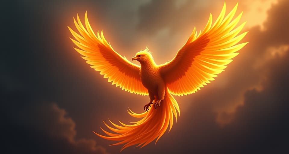  a majestic phoenix, its radiant feathers ablaze, soaring through darkened skies. its confident flight illustrating an unstoppable, chosen existence. ethereal, invincible, triumphant.. the style is digital art illustration,highly detailed, whimsical,magical, dreamlike atmosphere, realism and fantasy blend, smooth, glossy textures,luminous quality, wonder and enchantment.