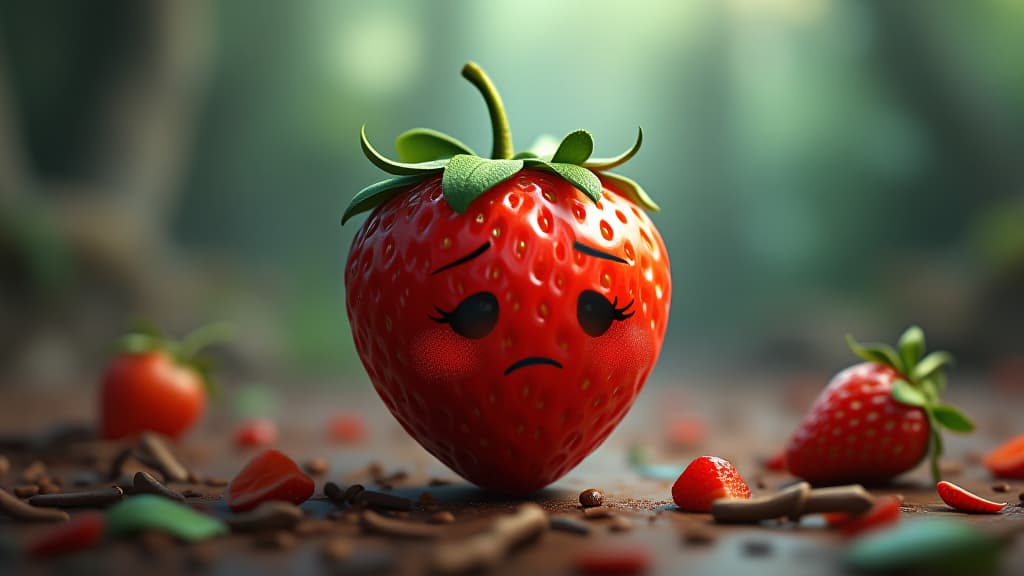  cute cartoon sad strawberry character, high quality, high details, hd, perfect composition, 4k epic detailed, highly detailed, sharp focus, high resolution