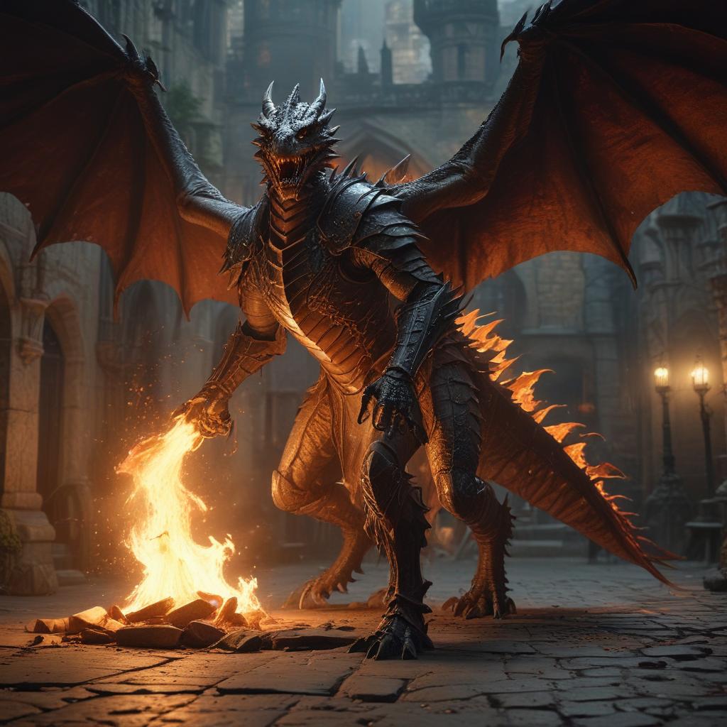 ((masterpiece)),(((best quality))), 8k, high detailed, ultra detailed, A fierce dragon battling a knight in a medieval castle courtyard, ((scaly wings)), intense combat, (flames engulfing the scene), dramatic lighting hyperrealistic, full body, detailed clothing, highly detailed, cinematic lighting, stunningly beautiful, intricate, sharp focus, f/1. 8, 85mm, (centered image composition), (professionally color graded), ((bright soft diffused light)), volumetric fog, trending on instagram, trending on tumblr, HDR 4K, 8K