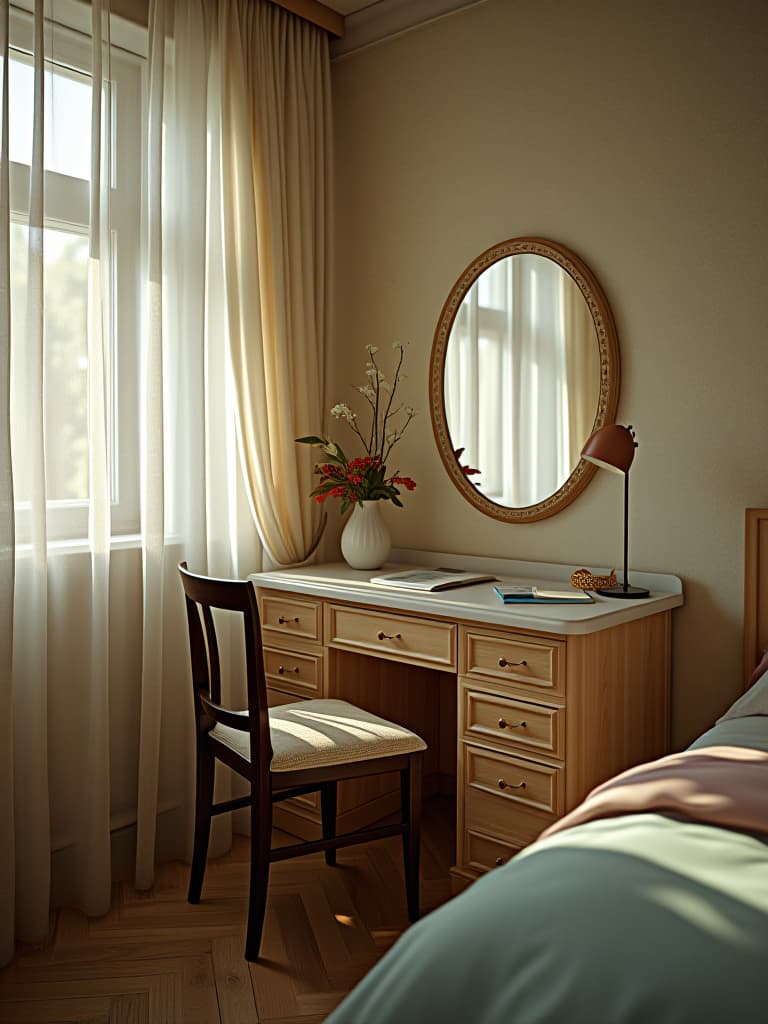  high quality portrait photo of a small bedroom with a wall mounted, fold down desk that transforms into a vanity mirror when closed, captured in soft, diffused afternoon light hyperrealistic, full body, detailed clothing, highly detailed, cinematic lighting, stunningly beautiful, intricate, sharp focus, f/1. 8, 85mm, (centered image composition), (professionally color graded), ((bright soft diffused light)), volumetric fog, trending on instagram, trending on tumblr, HDR 4K, 8K