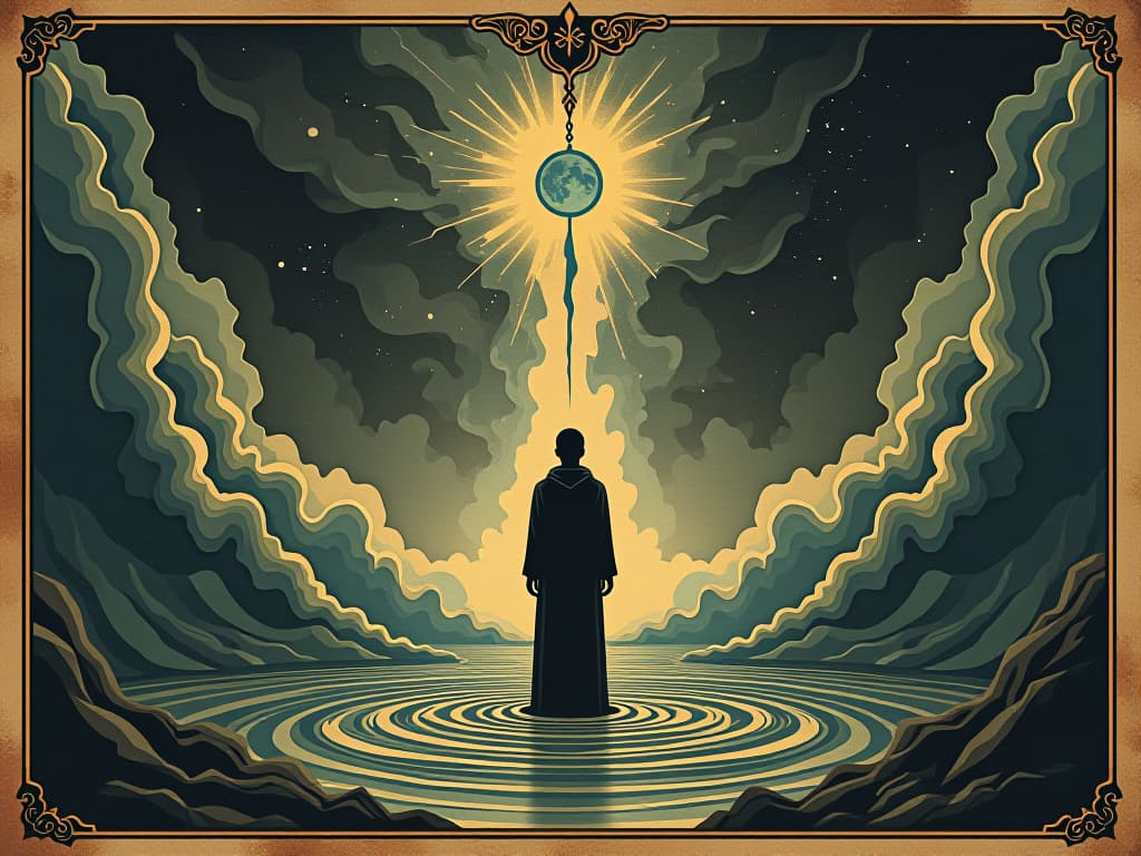  figure standing in a fluid, cosmic landscape, physicality dissolves, merging with the universe, transcendent, mystical. an illustration in the style of a worn, mystical old tarot trump card, mysterious and elements of surrealism. the colors are muted, somber and eerie, but with contrast bring out an occult and esoteric vibe.