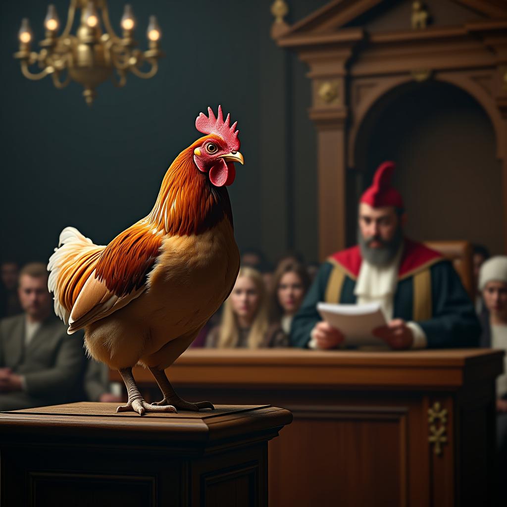  create a high quality, photorealistic image that vividly depicts the following scene: medieval courtroom setting, a surprisingly serious chicken perched prominently on the witness stand. the chicken shows layers of detailed feathers, its eyes wide yet defiant under the harsh glow of court's oil lamp. amid a crowd of bewildered and all dressed in period costume spectators, a stern judge dresses in traditional robe reads from a parchment, his expression a mixture of stern credibility and subtle absurdity, under an elaborate wooden canopy. shot on red weapon camera, 8k, hdr, with a depth of field that throws the crowd into a softened blur, drawing focus to the chicken, shot at f/2.0, iso 320, 1/120s. the image should: focus on  hyperrealistic, full body, detailed clothing, highly detailed, cinematic lighting, stunningly beautiful, intricate, sharp focus, f/1. 8, 85mm, (centered image composition), (professionally color graded), ((bright soft diffused light)), volumetric fog, trending on instagram, trending on tumblr, HDR 4K, 8K