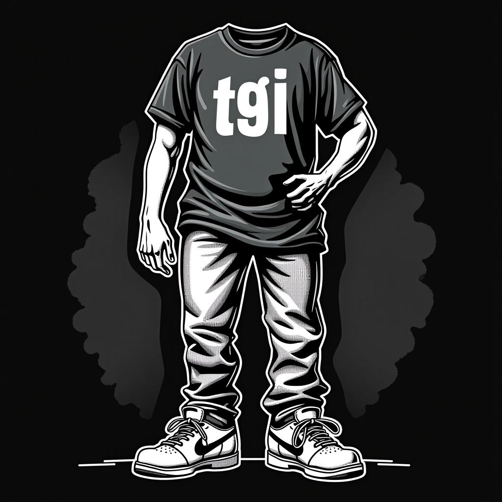  design with a lot of a panta wearing shoes and wearing any shirt saying tgi, (logo:1.15), black and white, hq, hightly detailed, 4k