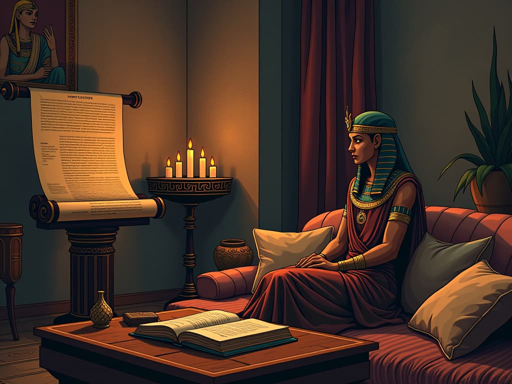  a cozy, candlelit room with soft cushions, an ancient egyptian scroll on a lectern, a book opened on a low table, symbolizing opting for quiet activities over social gatherings. the style is digital art illustration / modern comic book / mysterious occult, symbolic, esoteric vibe,high detail on character design, incorporating ancient egyptian symbology and attire.