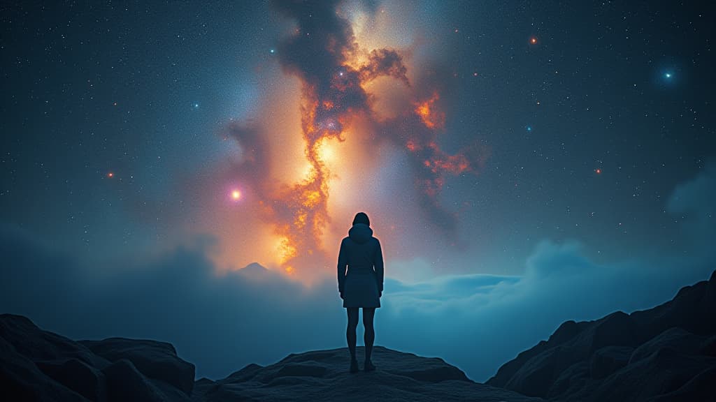  a serene cosmic landscape featuring nebulae and star formations, illustrating the beauty and wonder of the universe. hyperrealistic, full body, detailed clothing, highly detailed, cinematic lighting, stunningly beautiful, intricate, sharp focus, f/1. 8, 85mm, (centered image composition), (professionally color graded), ((bright soft diffused light)), volumetric fog, trending on instagram, trending on tumblr, HDR 4K, 8K