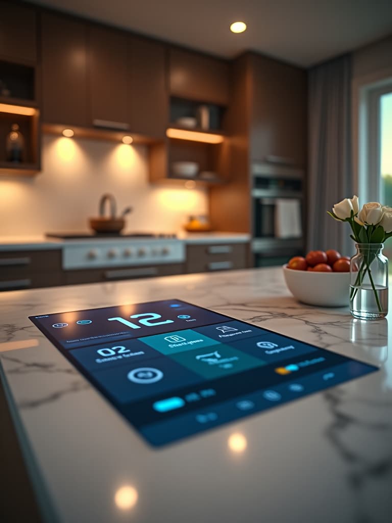  high quality portrait photo of an elegant kitchen countertop with a built in touchscreen surface displaying recipes, cooking timers, and smart home controls hyperrealistic, full body, detailed clothing, highly detailed, cinematic lighting, stunningly beautiful, intricate, sharp focus, f/1. 8, 85mm, (centered image composition), (professionally color graded), ((bright soft diffused light)), volumetric fog, trending on instagram, trending on tumblr, HDR 4K, 8K