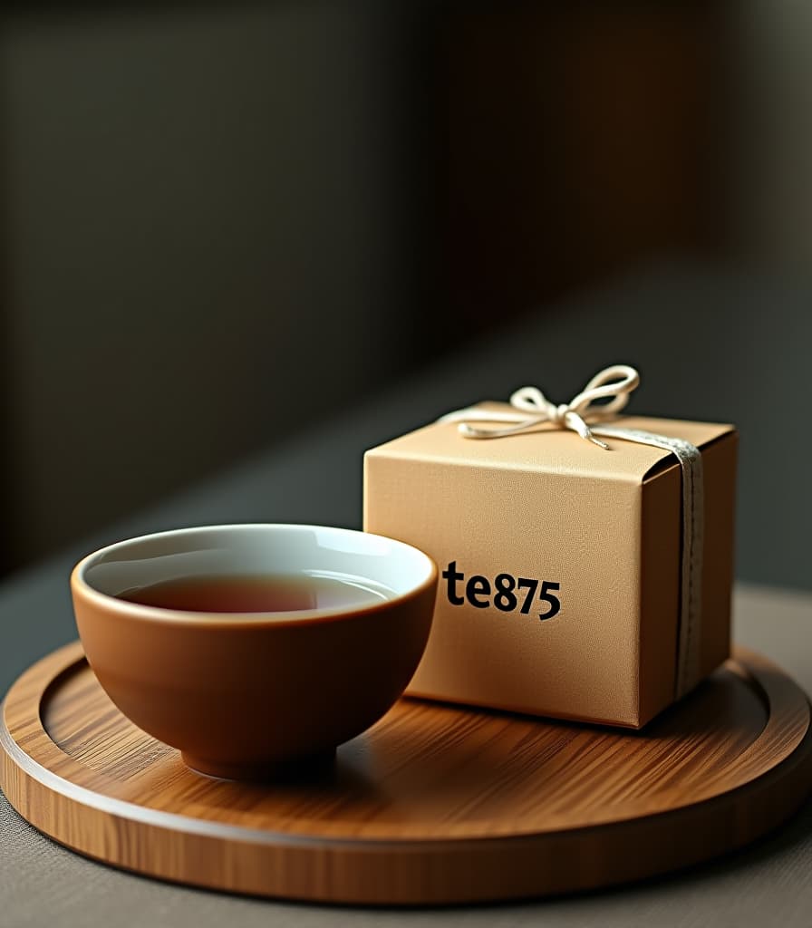  epic foto, puer tea, bowl, cartons small box with an inscription, text on box [drawing text] (with text “tea875"), hyper realistic, 4k