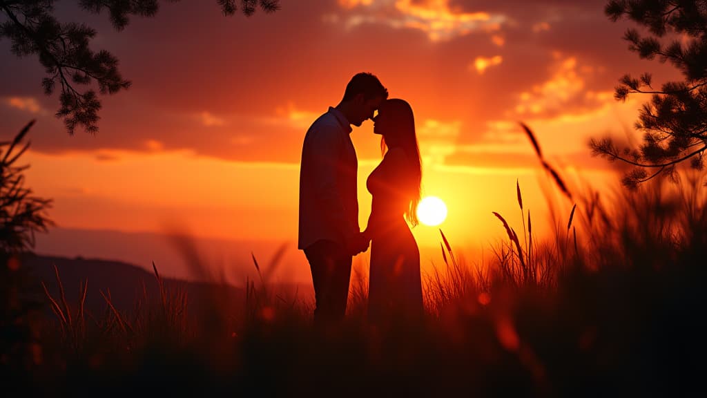  a romantic scene featuring a couple silhouetted against a vibrant sunset, surrounded by lush greenery. perfect for weddings and love themes., high quality, high details, hd, perfect composition, 4k epic detailed, highly detailed, sharp focus, high resolution