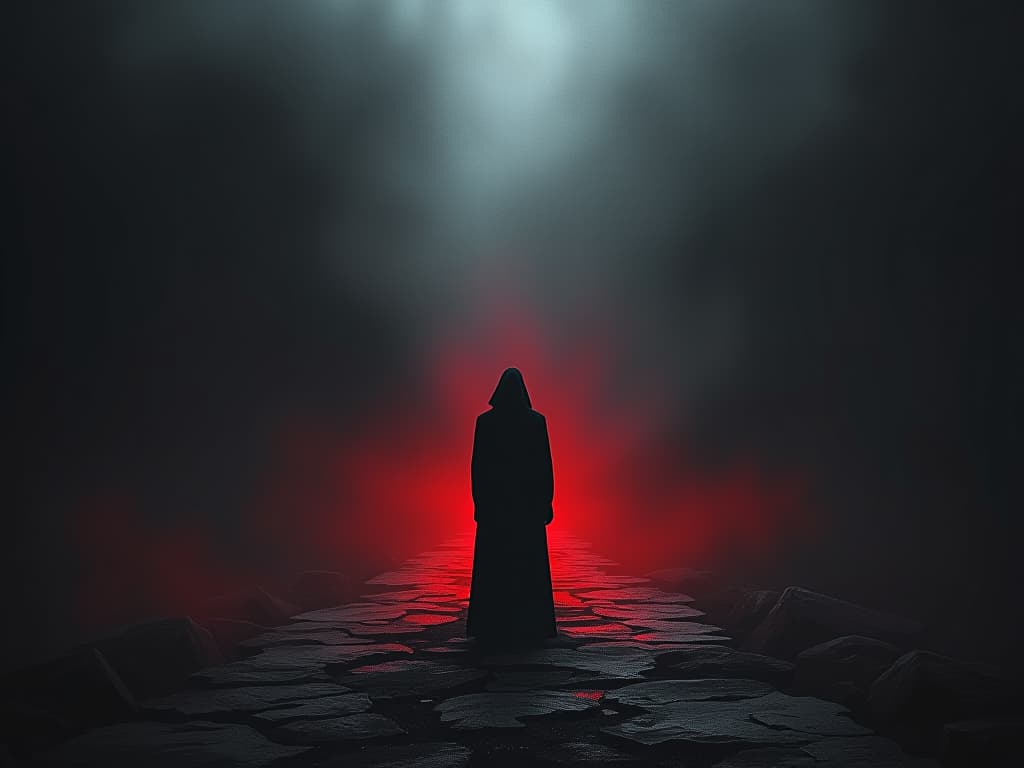  a figure standing at the crossroads, surrounded by ominous shadows. the path ahead illuminated by a faint, ghostly light. decisive moment, daunting choice, overcoming fear.. the style is dark fantasy and mysterious occult, symbolic, moody lighting, esoteric vibe,high detail on character design. for the color scheme emphasize blacks and reds.