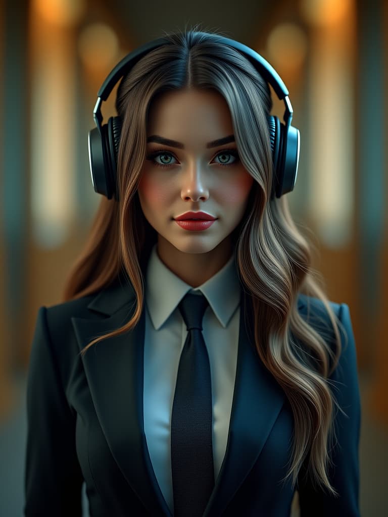  a picture of a beautiful lady wearing a suit with a tie, long hair, and big headphones on her head. three sided face. could you please translate this for me into english? hyperrealistic, full body, detailed clothing, highly detailed, cinematic lighting, stunningly beautiful, intricate, sharp focus, f/1. 8, 85mm, (centered image composition), (professionally color graded), ((bright soft diffused light)), volumetric fog, trending on instagram, trending on tumblr, HDR 4K, 8K