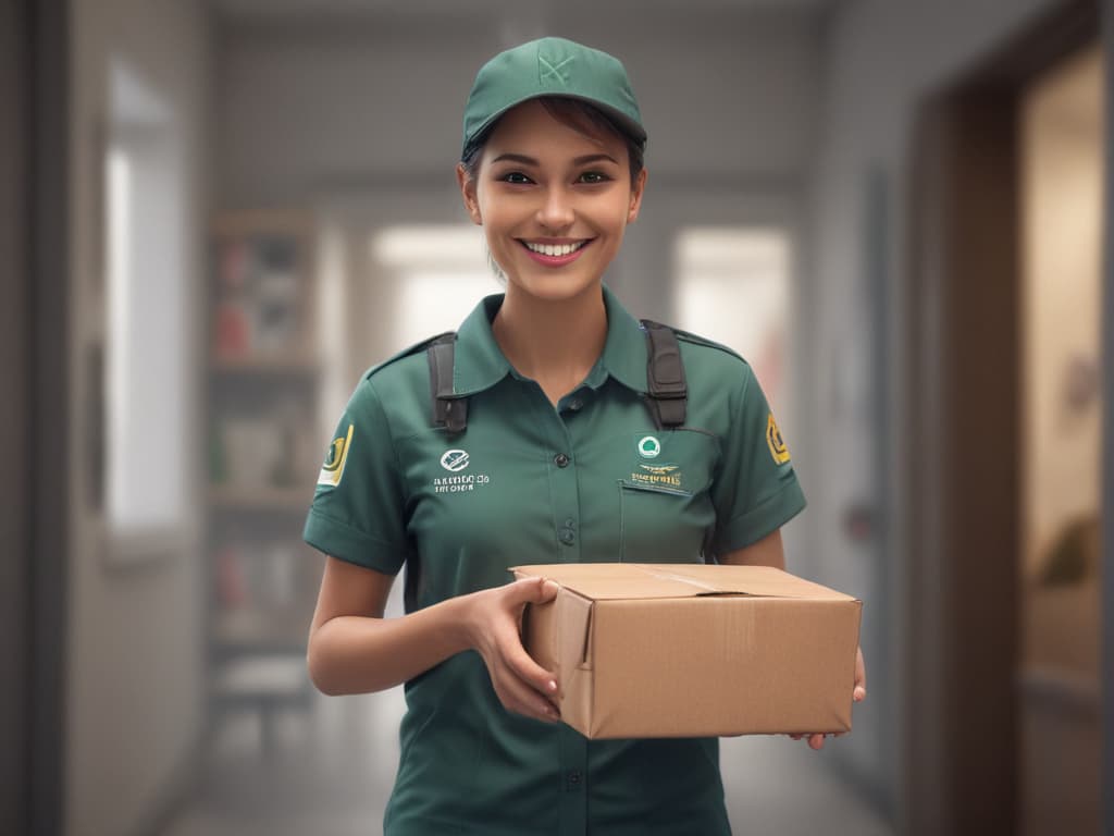 ultra realistic ((ultra realistic ((a delivery person handing over a package with a smile)))) hyperrealistic, full body, detailed clothing, highly detailed, cinematic lighting, stunningly beautiful, intricate, sharp focus, f/1. 8, 85mm, (centered image composition), (professionally color graded), ((bright soft diffused light)), volumetric fog, trending on instagram, trending on tumblr, HDR 4K, 8K