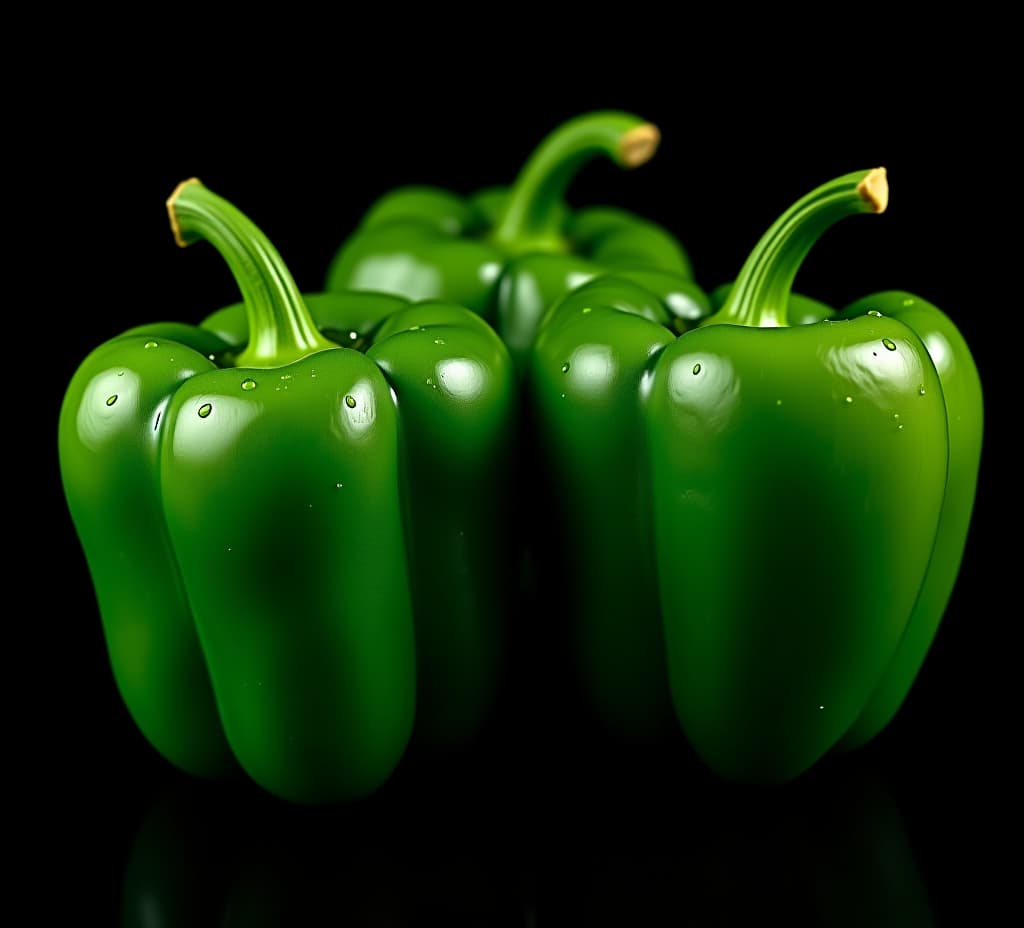  fresh green bell peppers isolated on black background with dew drops