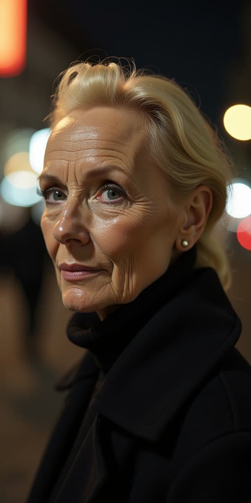  this editorial photograph features the face of a senior woman of european western descent with blonde hair, styled in the iconic mario testino manner. the protagonist is bald and was captured in a close up that focuses on her face. the image was created with a 60mm f/2.8 macro lens and utilizes the film correction of kodak ektachrom film to enhance the texture. the composition impressively showcases the contours and features of her face using chiaroscuro lighting techniques, emphasizing the depth and emotions characteristic of testino's style. she is wearing makeup mask paint. full body wearing a coat, walking through the city at night, front view