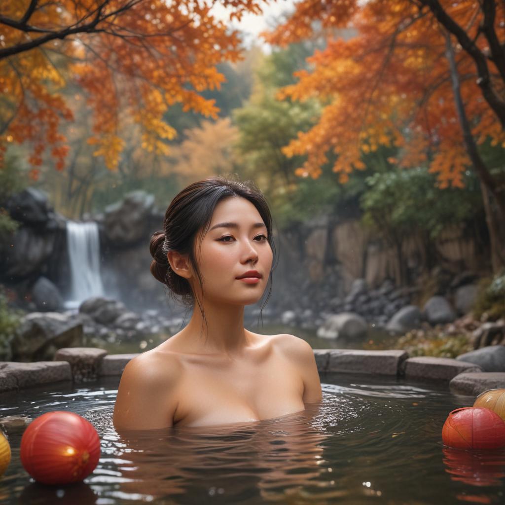 ((masterpiece)),(((best quality))), 8k, high detailed, ultra detailed, A serene scene of a Japanese woman enjoying an outdoor hot spring bath, surrounded by colorful autumn leaves, a tranquil waterfall in the background, paper lanterns hanging from nearby trees hyperrealistic, full body, detailed clothing, highly detailed, cinematic lighting, stunningly beautiful, intricate, sharp focus, f/1. 8, 85mm, (centered image composition), (professionally color graded), ((bright soft diffused light)), volumetric fog, trending on instagram, trending on tumblr, HDR 4K, 8K