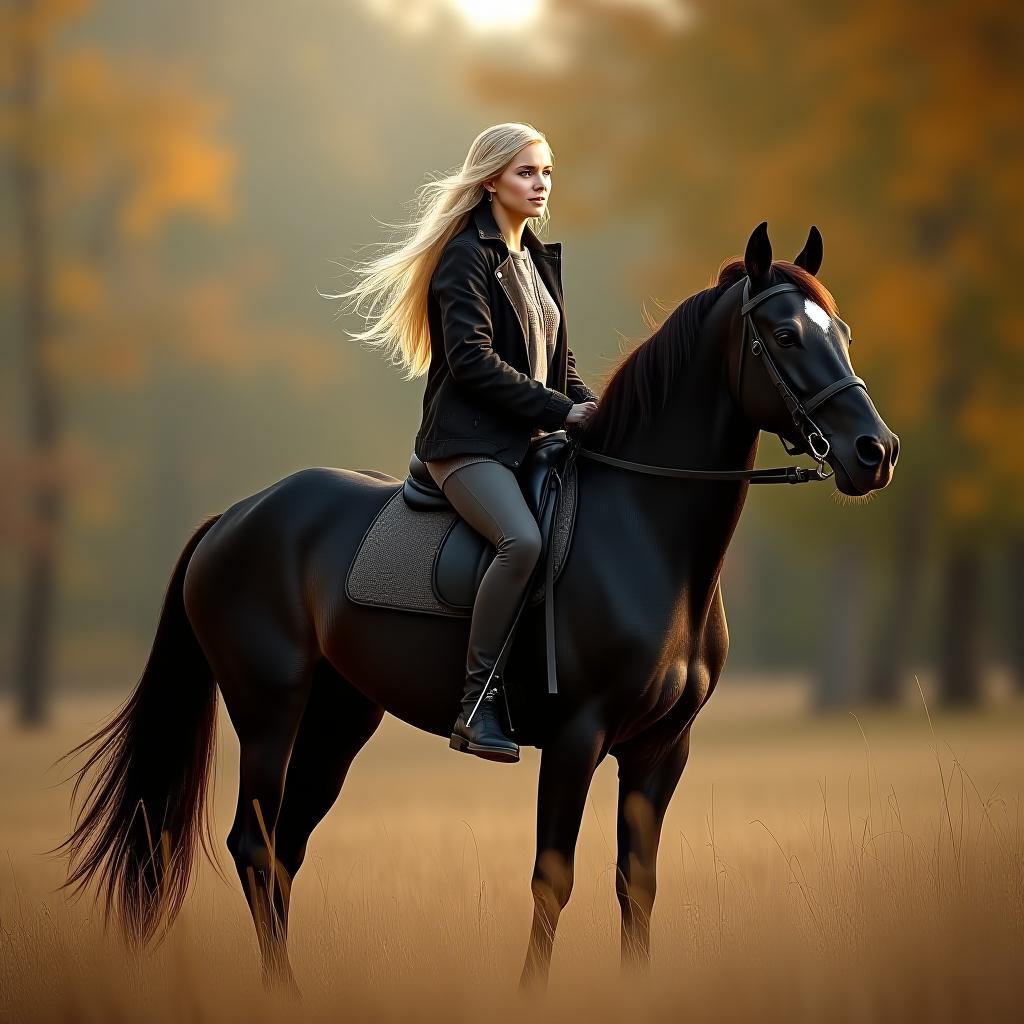  young woman with long blond hair riding black horse in autumn