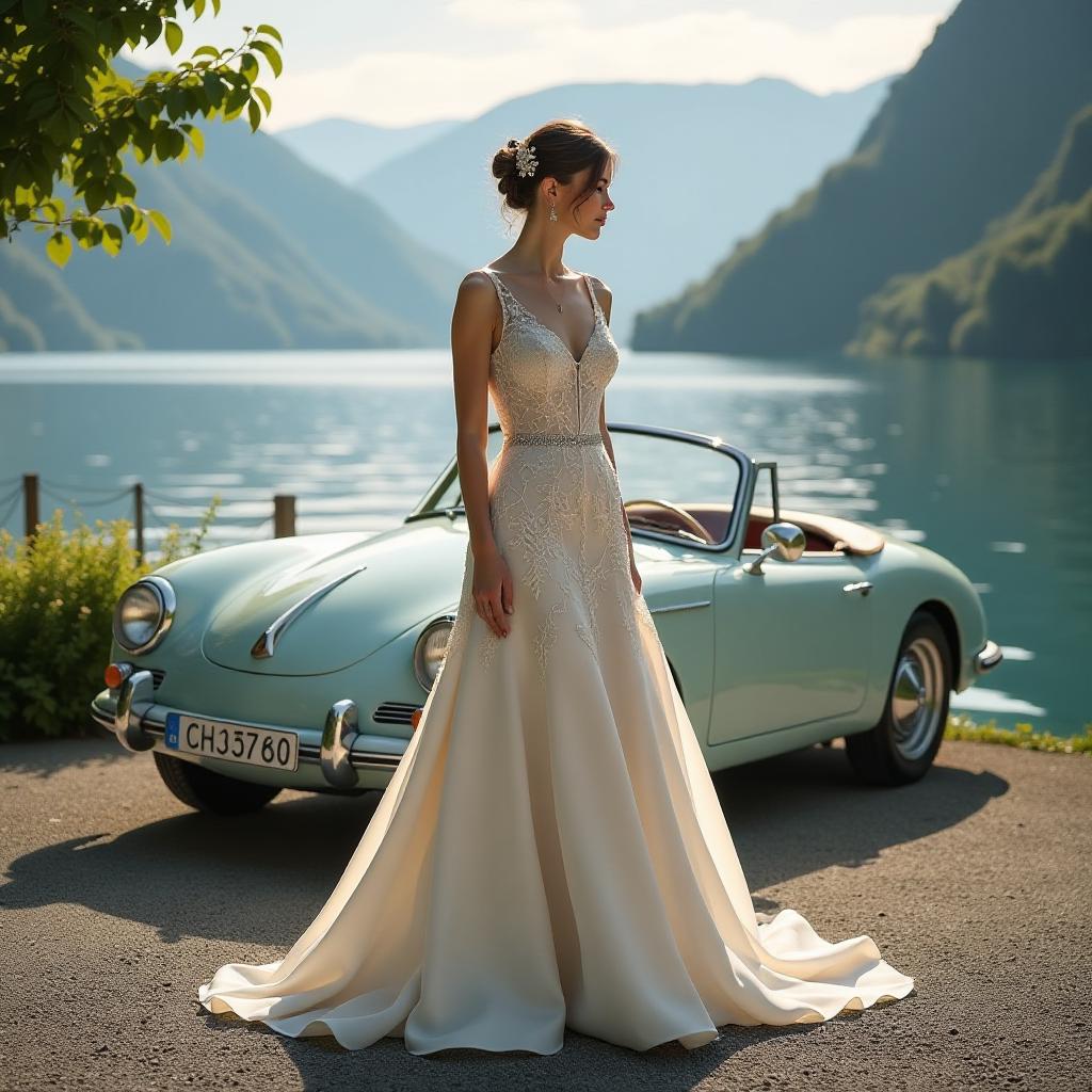  design a weeding dress for a spring wedding at lake como, italy. use italian classic cars and lake como on the photoshoot. hyperrealistic, full body, detailed clothing, highly detailed, cinematic lighting, stunningly beautiful, intricate, sharp focus, f/1. 8, 85mm, (centered image composition), (professionally color graded), ((bright soft diffused light)), volumetric fog, trending on instagram, trending on tumblr, HDR 4K, 8K