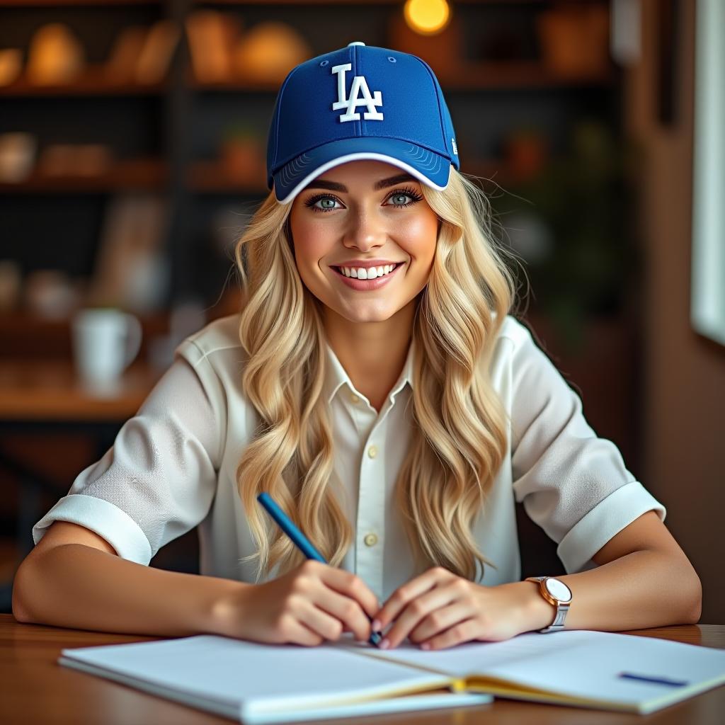  make an image of a white woman with blonde hair and an la dodgers cap studying in a cafe accounting