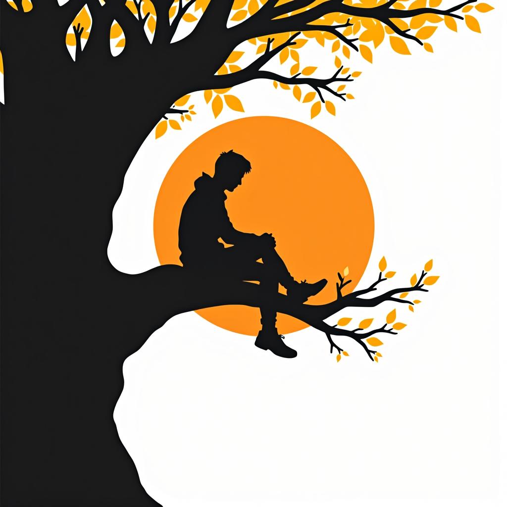  design a logo, realistic man sitting on branches black silhouette, yellow branches, black tree' white background, orange sun, twitter header