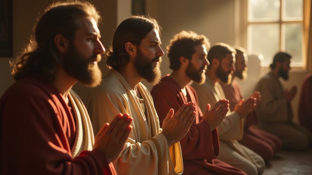  history of biblical times, a serene image of peter and other apostles in prayer, highlighting their deep faith and commitment to spreading the teachings of christ. hyperrealistic, full body, detailed clothing, highly detailed, cinematic lighting, stunningly beautiful, intricate, sharp focus, f/1. 8, 85mm, (centered image composition), (professionally color graded), ((bright soft diffused light)), volumetric fog, trending on instagram, trending on tumblr, HDR 4K, 8K