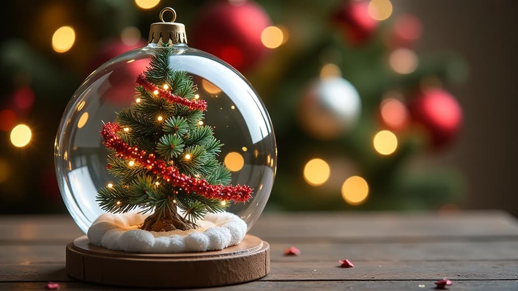  on the left in the photo is a transparent glass christmas tree ball, inside the ball is a small christmas tree with garlands, festive background ar 16:9 {prompt}, maximum details