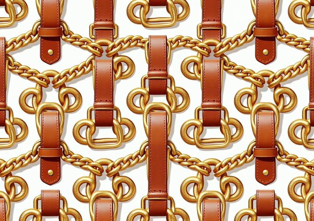  a golden chain pattern with leather belts on a white background, perfect for textile or wallpaper