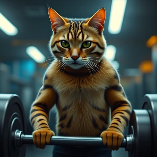  in a bustling gym, hemule, the anthropomorphic tabby cat, lifts weights with determination. his striped fur glistens under the gym lights, his green eyes focused and intense. the atmosphere crackles with his rebellious aura, blending strength and style seamlessly. the scene, rendered in ultra realistic detail with a comic book flair, captures hemule's edgy vibe perfectly. hyperrealistic, full body, detailed clothing, highly detailed, cinematic lighting, stunningly beautiful, intricate, sharp focus, f/1. 8, 85mm, (centered image composition), (professionally color graded), ((bright soft diffused light)), volumetric fog, trending on instagram, trending on tumblr, HDR 4K, 8K