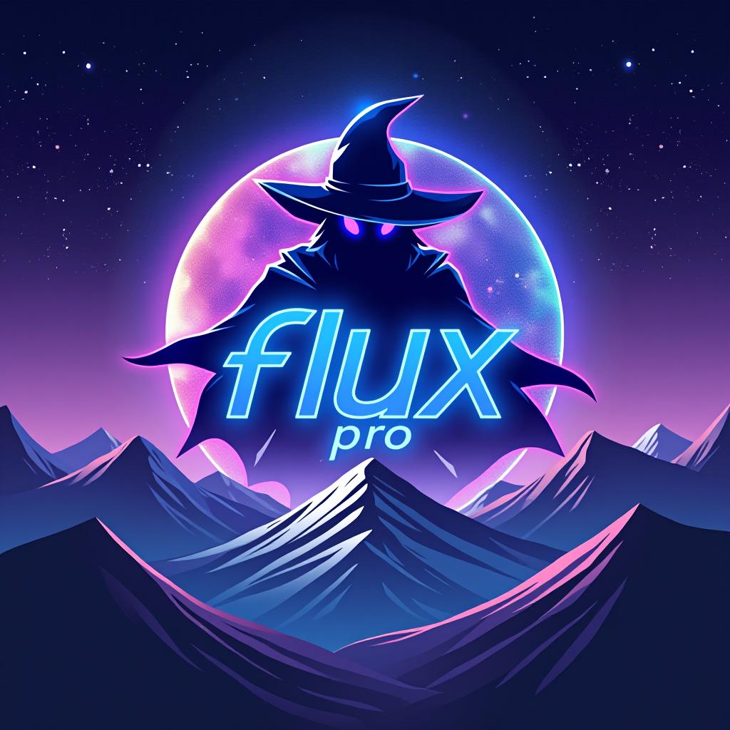  an epic logo for "flux pro", depicting a space wizard in the style of a nebula background with blue and purple neon text on a white glowing background floating over a mountain range