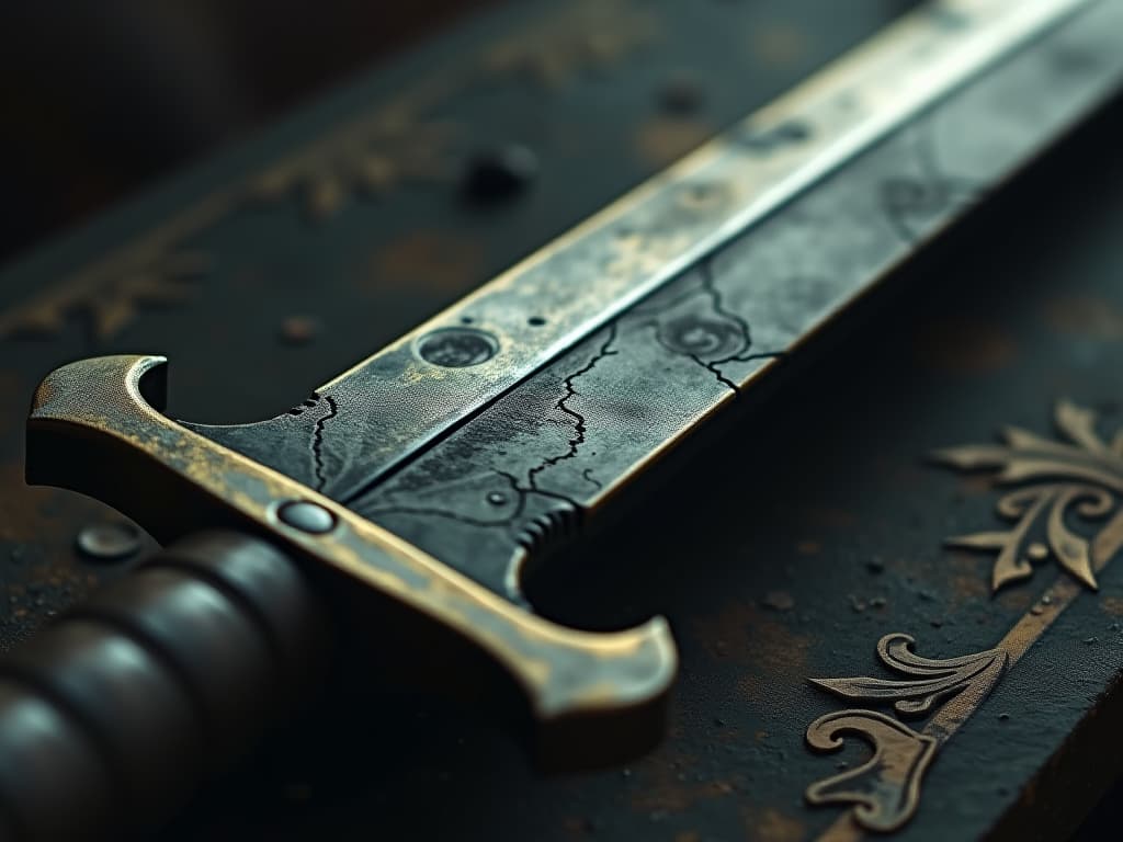  sword blade, close up view, faint dents and scratches, darkened steel, aura of sorrow and aggression, embedded remnants of war, history laden tool, tense atmosphere. an illustration in the style of a worn, mystical old tarot trump card, mysterious and elements of surrealism. the colors are muted, somber and eerie, but with contrast bring out an occult and esoteric vibe.