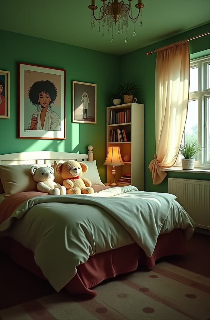  in my dream room, there are green walls and billie eilish posters. additionally, there are stuffed animals on a comfortable bed. there is a swing in one corner, a shelf with my favorite books, and a window. finally, there is a desk where i like to write and do my homework hyperrealistic, full body, detailed clothing, highly detailed, cinematic lighting, stunningly beautiful, intricate, sharp focus, f/1. 8, 85mm, (centered image composition), (professionally color graded), ((bright soft diffused light)), volumetric fog, trending on instagram, trending on tumblr, HDR 4K, 8K