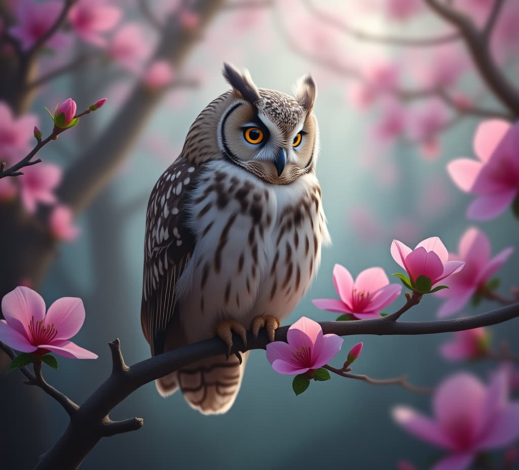  cute owl perched on branch with pink flowers in magical forest, high quality, high details, hd, perfect composition, 4k epic detailed, highly detailed, sharp focus, high resolution