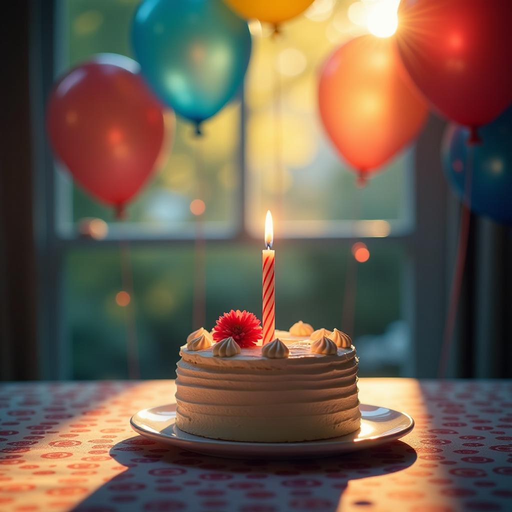  cinematic film style, abstract happy birthday background with balloons cake with candle, shallow depth of field, vignette, maximum details, high budget hollywood movie, bokeh, cinemascope, moody, epic, gorgeous, sun rays and shadows on furniture and surfaces, flattering light, raw photo, photography, photorealistic, 8k resolution, f1.4, sharpened focus, sharp focus