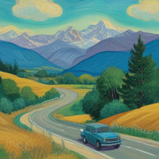 Mountains, trees, field, winding road, new car in Van Gogh style