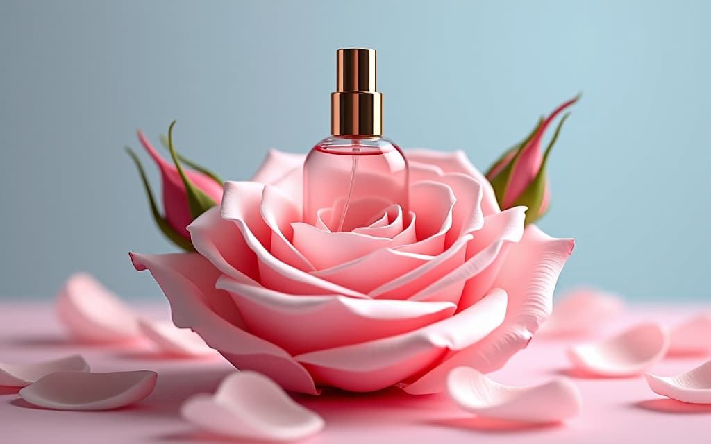  luxury product style ((spray bottle without logo 1.2) without label 1.2) without labels 1.2) stands on the bud of a pale pink rose with white veins. on the right and left of the bottle there are buds of pale pink rose with white veins. rose petals are falling all around. the back has a pale pink and blue gradient background . elegant, sophisticated, high end, luxurious, professional, highly detailed hyperrealistic, full body, detailed clothing, highly detailed, cinematic lighting, stunningly beautiful, intricate, sharp focus, f/1. 8, 85mm, (centered image composition), (professionally color graded), ((bright soft diffused light)), volumetric fog, trending on instagram, trending on tumblr, HDR 4K, 8K