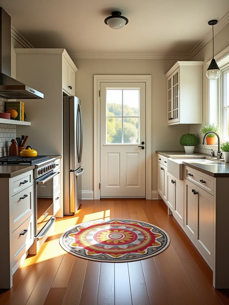  high quality portrait photo of a sunlit kitchen with painted wood floors featuring a bold, colorful mandala design in the center, surrounded by crisp white cabinets hyperrealistic, full body, detailed clothing, highly detailed, cinematic lighting, stunningly beautiful, intricate, sharp focus, f/1. 8, 85mm, (centered image composition), (professionally color graded), ((bright soft diffused light)), volumetric fog, trending on instagram, trending on tumblr, HDR 4K, 8K