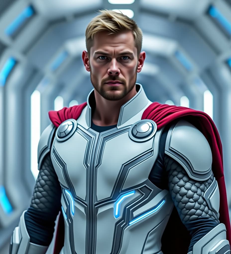  subject: thor, the god of thunder, portrayed by chris hemsworth. costume: white and silver armor with glowing blue accents on the chest and shoulders. the armor has a sleek, futuristic design with intricate details. appearance: thor has a short, blond haircut and a beard. he has a determined expression on his face. background: a blurred, futuristic hallway with white walls and blue lighting. lighting: soft lighting with a focus on thor's face and armor. pose: thor is standing with his shoulders squared, facing the camera.