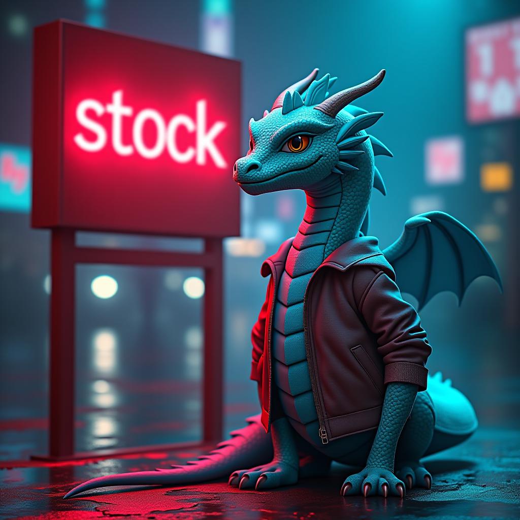  a turquoise dragon standing next to a big neon sign with the text “stock ai” hyperrealistic, full body, detailed clothing, highly detailed, cinematic lighting, stunningly beautiful, intricate, sharp focus, f/1. 8, 85mm, (centered image composition), (professionally color graded), ((bright soft diffused light)), volumetric fog, trending on instagram, trending on tumblr, HDR 4K, 8K