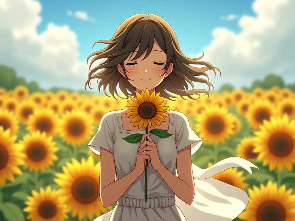  anime in a field with sunflowers, holding a flower, smile, shut mouth, closed eyes, white cloth. in a garden with sunflowers, blowing air, wind, landscape, wind blown, artstation, character concept, flash photo, 8k, realistic, dreamy, firooze hyperrealistic, full body, detailed clothing, highly detailed, cinematic lighting, stunningly beautiful, intricate, sharp focus, f/1. 8, 85mm, (centered image composition), (professionally color graded), ((bright soft diffused light)), volumetric fog, trending on instagram, trending on tumblr, HDR 4K, 8K