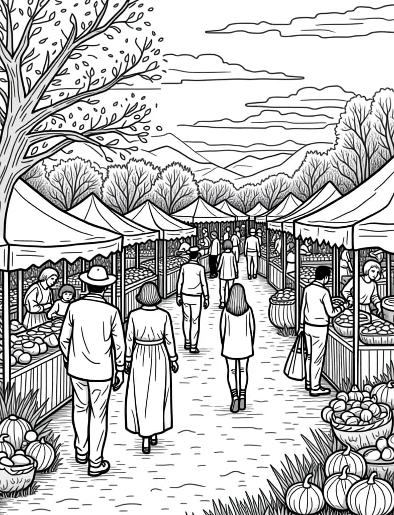  a harvest festival scene with people and food stalls, black and white line art on a white background, for an adult coloring page.