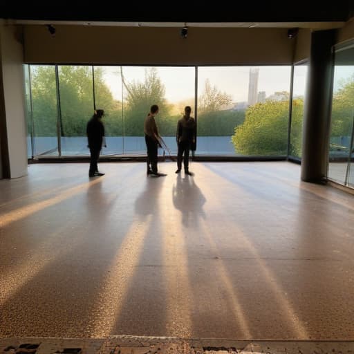 A photo of a team of artisan craftsmen meticulously polishing a newly laid terrazzo floor in a spacious contemporary loft during the soft glow of early evening, with warm and golden lighting casting dramatic shadows and highlighting the intricate details of the sparkling, newly installed terrazzo flooring.