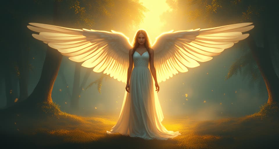  an ethereal angel in flowing, radiant attire, standing in an illuminated glade. silent expression of calm protest, serene magical setting.. the style is digital art illustration,highly detailed, whimsical,magical, dreamlike atmosphere, realism and fantasy blend, smooth, glossy textures,luminous quality, wonder and enchantment.