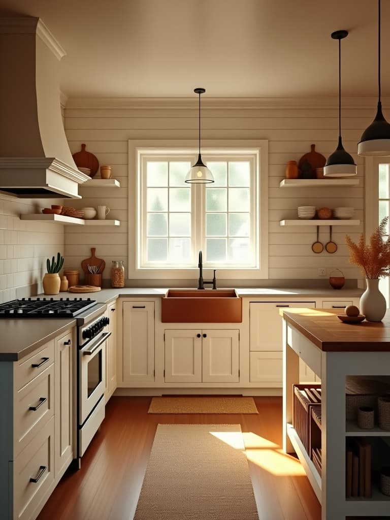  high quality portrait photo of a white farmhouse kitchen with shiplap walls, a copper sink, vintage inspired appliances, and a reclaimed wood island, captured in warm, golden light hyperrealistic, full body, detailed clothing, highly detailed, cinematic lighting, stunningly beautiful, intricate, sharp focus, f/1. 8, 85mm, (centered image composition), (professionally color graded), ((bright soft diffused light)), volumetric fog, trending on instagram, trending on tumblr, HDR 4K, 8K