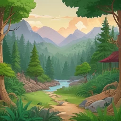 วาดรูปบ้าน ที่มีรั้วเป็นต้นโมก in Cartoon style with Forests background