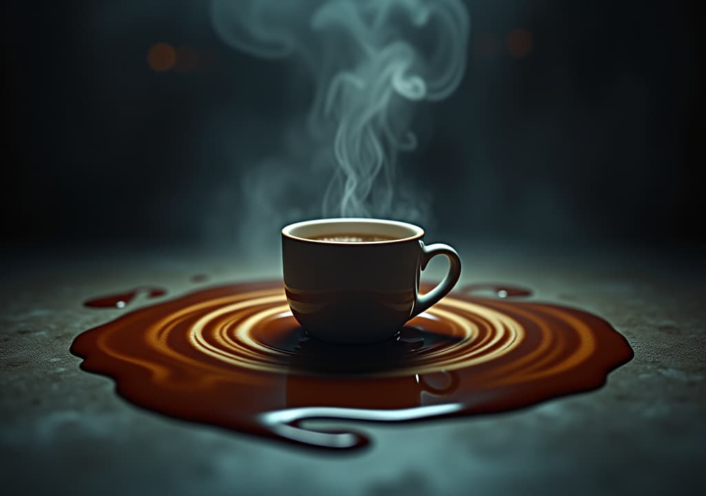  a mystical, dimly lit background with a coffee cup in the center, surrounded by spilled coffee forming a symbolic, swirling pattern, with a subtle, glowing aura and steam rising upwards. hyperrealistic, full body, detailed clothing, highly detailed, cinematic lighting, stunningly beautiful, intricate, sharp focus, f/1. 8, 85mm, (centered image composition), (professionally color graded), ((bright soft diffused light)), volumetric fog, trending on instagram, trending on tumblr, HDR 4K, 8K