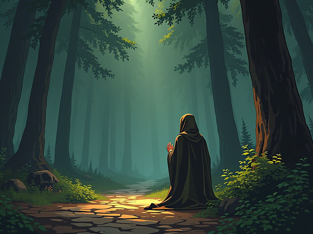  st. seraphim of sarov, garbed in simple monk's robes, kneeling in prayer amidst the serene and secluded forests of sarov, sacred and spiritual environment. the style is digital art illustration / modern comic book / mysterious occult, symbolic, esoteric vibe,high detail on character design, incorporating ancient egyptian symbology and attire.