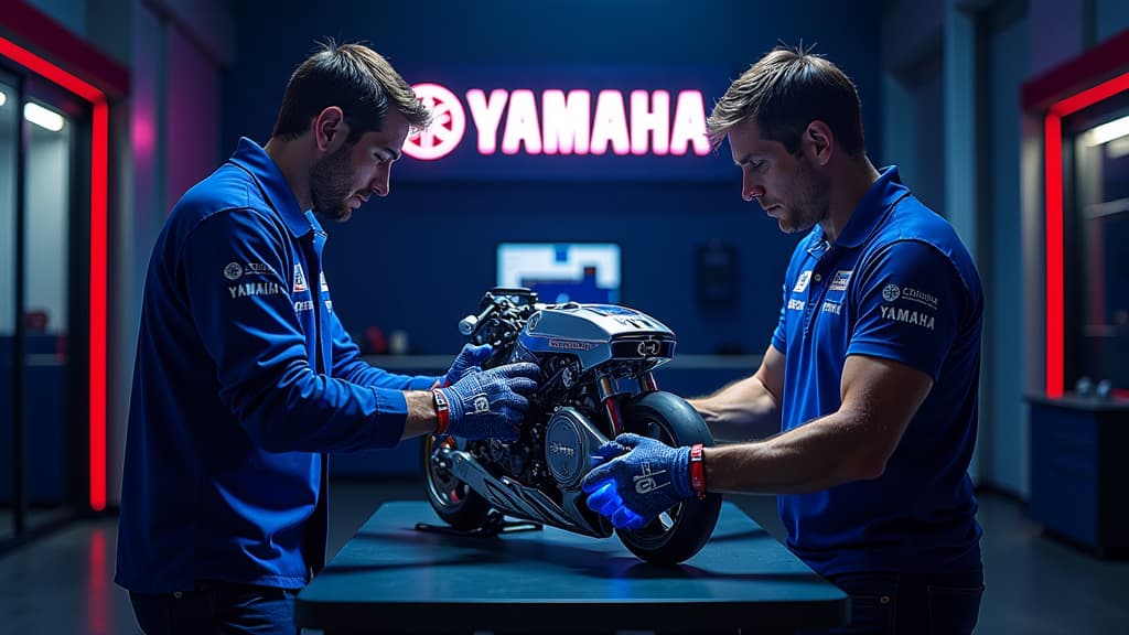  generate an image capturing the essence of yamaha's revolutionary v4 engine development for their motogp machine m1. show a dynamic scene with yamaha riders quartararo and rins collaborating with racing engineer luca marmorini, surrounded by advanced technology and engine components. include yamaha's logo prominently displayed, symbolizing their groundbreaking approach. illuminate the scene with dramatic lighting to highlight the intensity of this secret project. emphasize anatomical accuracy in