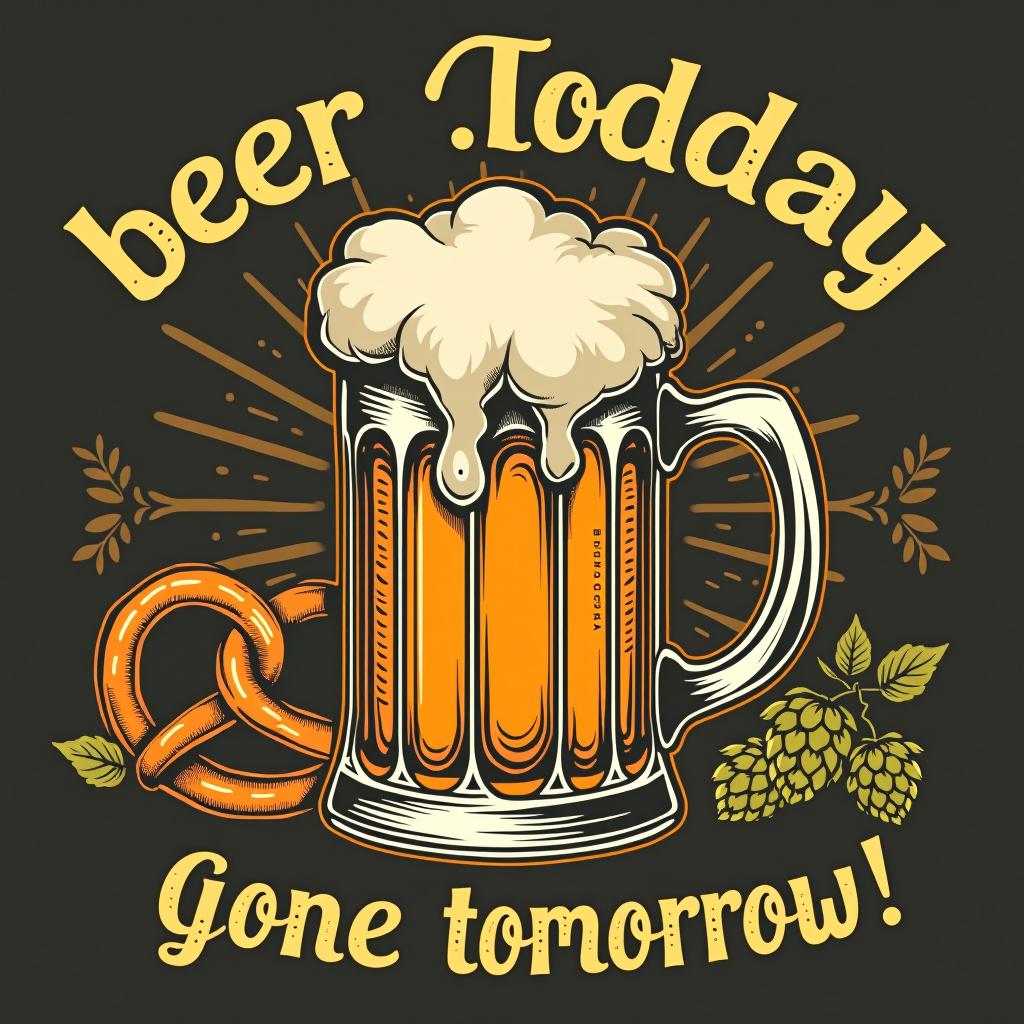  a vintage style t shirt with a frothy beer mug and playful text 'beer today, gone tomorrow!' amidst oktoberfest elements like pretzels and hops.