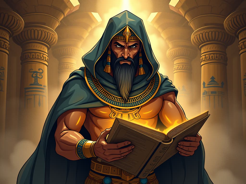  a scholar in ancient garb, surrounded by scrolls and glyphs, learning new skills, symbolizing increasing professional value. the style is digital art illustration / modern comic book / mysterious occult, symbolic, esoteric vibe,high detail on character design, incorporating ancient egyptian symbology and attire.