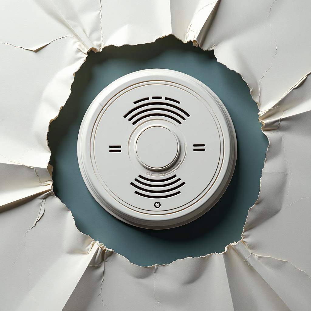  create a torn paper style image featuring a smoke detector. the scene is viewed from a side on angle, emphasizing the intricate details of the smoke detector as it stands against a backdrop of torn paper textures. the composition should convey a sense of depth, highlighting the layered effect of the paper while the smoke detector appears both prominent and integrated within the environment. the color palette should reflect subtle contrasts, enhancing the visual depth and texture of the torn paper. the overall mood should blend a sense of safety with the unpredictability of smoke, encapsulating the function of the detector in a unique artistic interpretation.