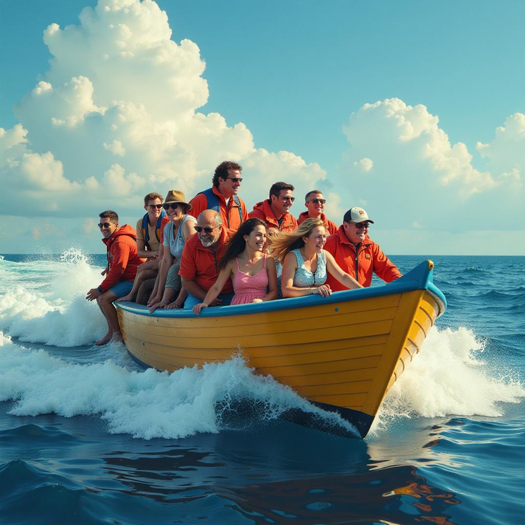  create an image for a fictional low cost vacation company that juxtaposes cheerful advertising with the grim reality of traveling by overcrowded boat. the scene captures travelers crammed into a small, unstable "patera" on rough seas, smiling artificially amidst dangerous conditions. the composition contrasts bright, inviting colors—primary yellow (r255, g255, b0), secondary blue (r0, g0, b255), tertiary red (r255, g0, b0)—with the perilous setting, underlining the absurdity and dark undertones. the image should convey a misleadingly festive mood, illuminated by harsh, direct lighting to enhance the dramatic effect.