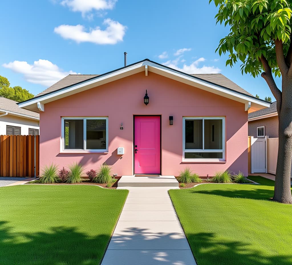  outdoor outside exterior street view of pink neighborhood house or home modern architecture. lawn grass yard, residential suburban building, door, window, entrance